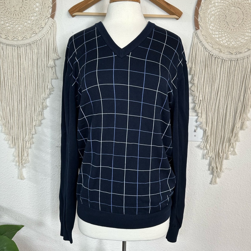 Brooks Brothers Men’s Blue V-Neck Sweater with Windowpane Pattern large - Picture 1 of 5